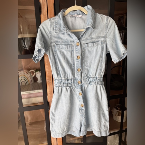 Zara denim playsuit romper utility button down short sleeve light wash pockets - Picture 8 of 8